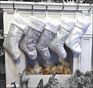 CHRISTMAS STOCKINGS Personalized Elegant Silver White Christmas Stockings - 20" Silver Glitter or Sequin and Satin Velvet Christmas Stocking Monogram Names