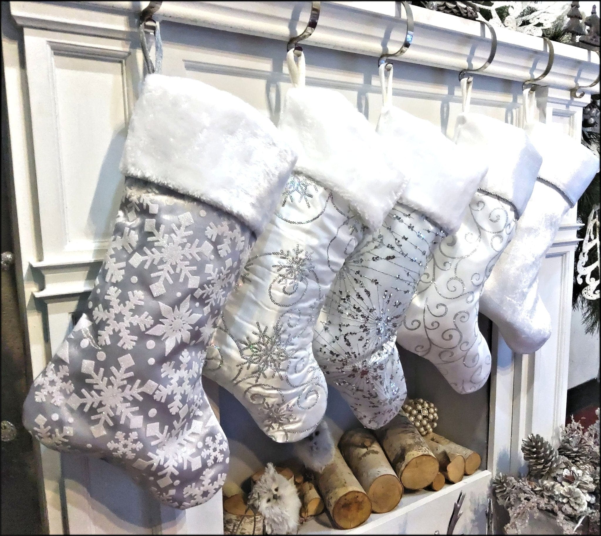 CHRISTMAS STOCKINGS Personalized Elegant Silver White Christmas Stockings - 20" Silver Glitter or Sequin and Satin Velvet Christmas Stocking Monogram Names