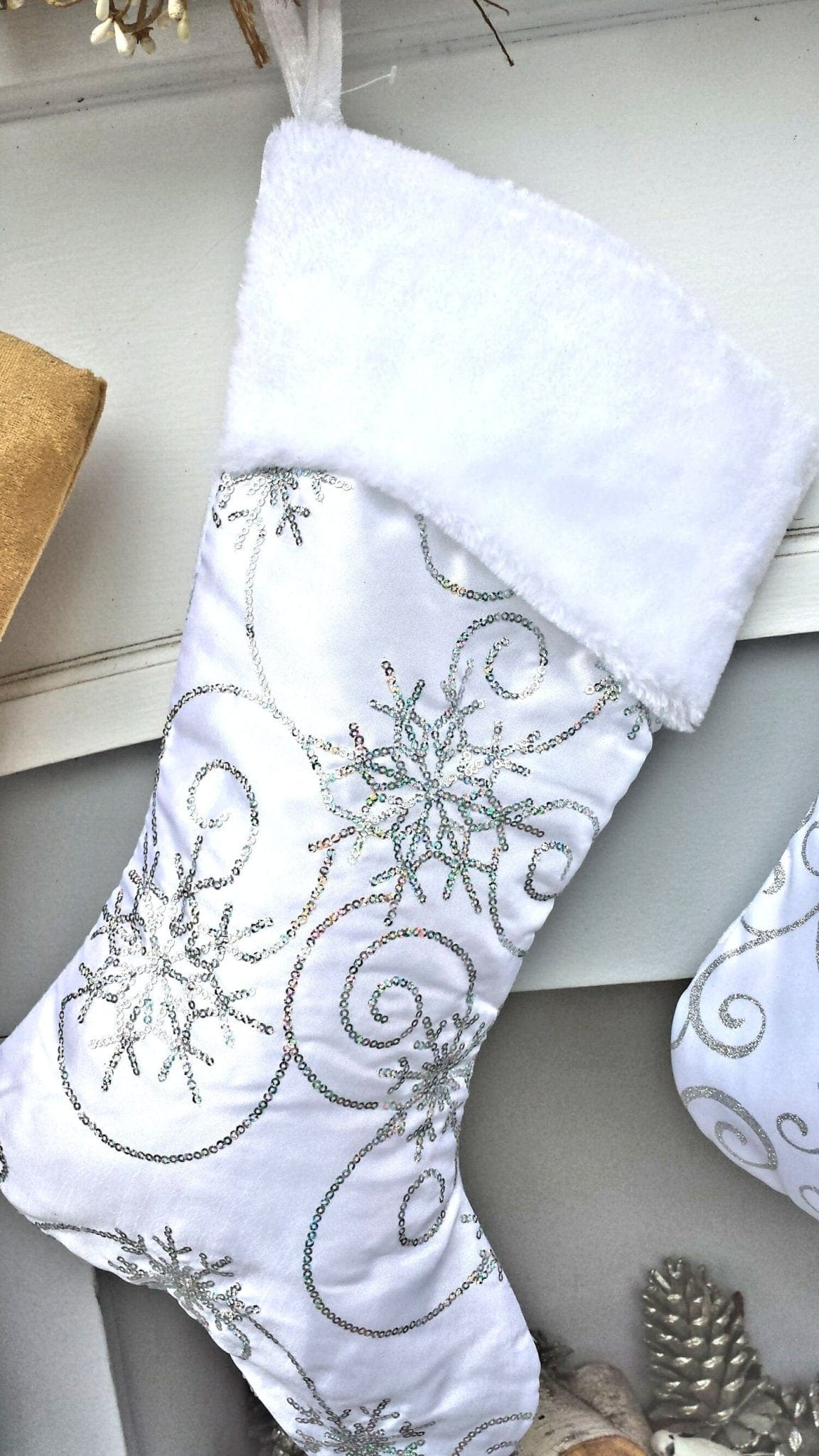 CHRISTMAS STOCKINGS Personalized Elegant Silver White Christmas Stockings - 20" Silver Glitter or Sequin and Satin Velvet Christmas Stocking Monogram Names