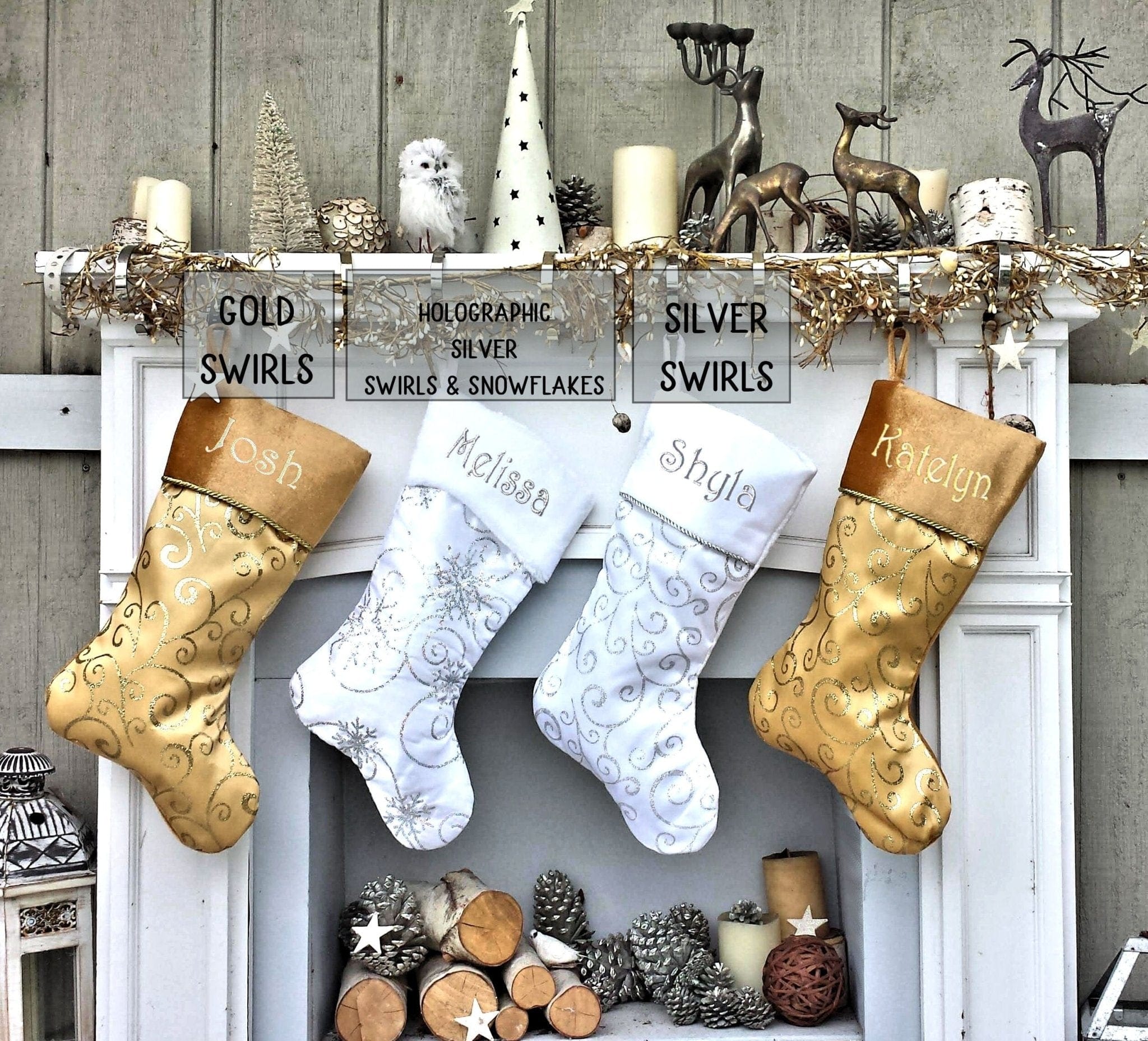 CHRISTMAS STOCKINGS Personalized Elegant Silver White Christmas Stockings - 20" Silver Glitter or Sequin and Satin Velvet Christmas Stocking Monogram Names