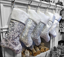 CHRISTMAS STOCKINGS Personalized Elegant Silver White Christmas Stockings - 20" Silver Glitter or Sequin and Satin Velvet Christmas Stocking Monogram Names