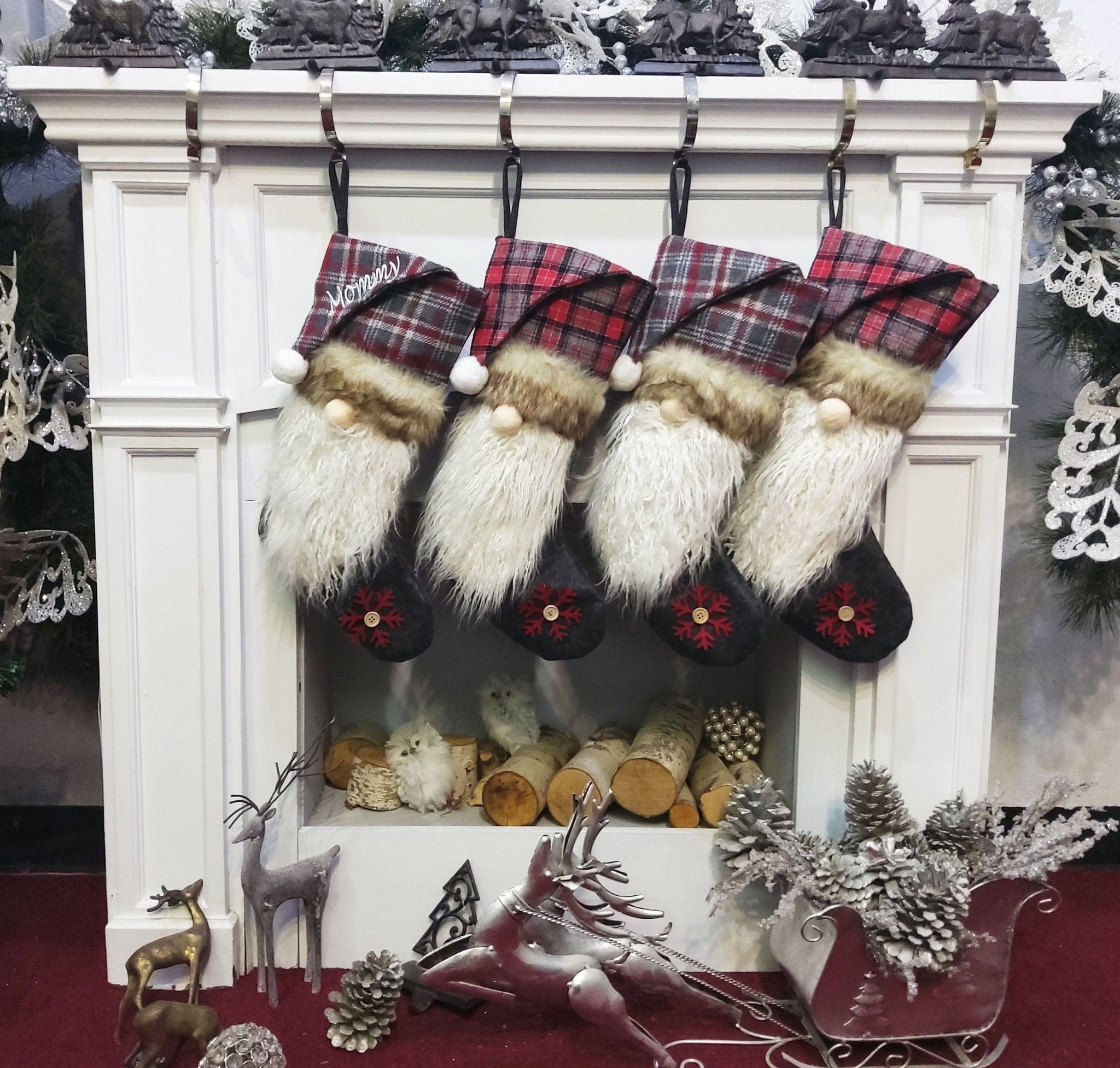 CHRISTMAS STOCKINGS Personalized Gnome Christmas Stockings 3D Kids Christmas Buffalo Check Christmas Gnomes Embroidered Names