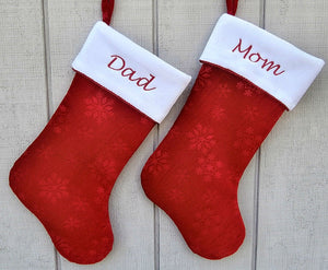 CHRISTMAS STOCKINGS Personalized Stocking - Etched Snowflake Red Velvet, Gorgeous Metallic Red Rope Trim, Name Custom Embroidered Christmas Stockings Holiday