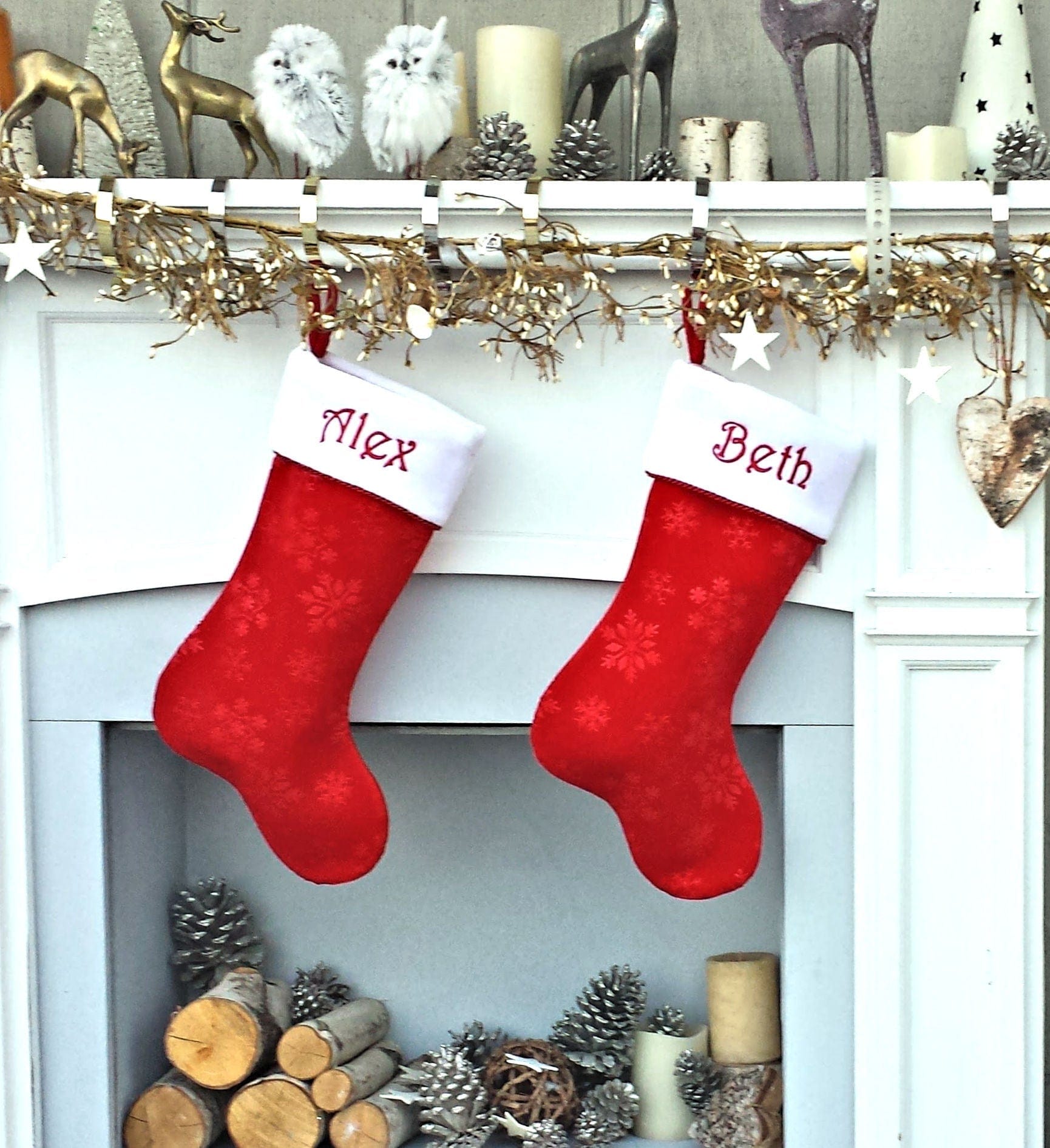 CHRISTMAS STOCKINGS Personalized Stocking - Etched Snowflake Red Velvet, Gorgeous Metallic Red Rope Trim, Name Custom Embroidered Christmas Stockings Holiday