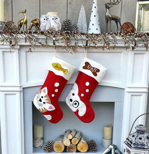 CHRISTMAS STOCKINGS Pet Dog Christmas Stockings Cat Stocking Whimsical Monogrammed Personalized Holiday Modern Puppy Kitten Cute Dog Bone Fish Applique