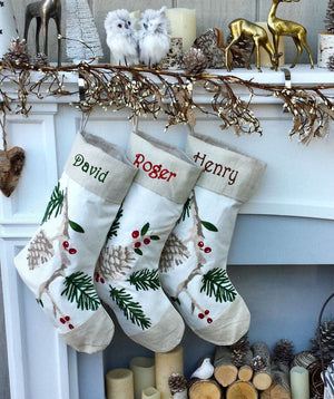 CHRISTMAS STOCKINGS PineCone Branch Down White Christmas Stockings Canvas Linen Natural Pine Cone Branch Elegant Rice Stitch Design Embroidered Rustic Woodland White Christmas Look