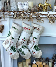 CHRISTMAS STOCKINGS PineCone Branch Down White Christmas Stockings Canvas Linen Natural Pine Cone Branch Elegant Rice Stitch Design Embroidered Rustic Woodland White Christmas Look