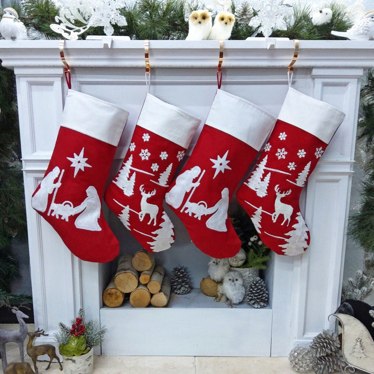 CHRISTMAS STOCKINGS Red and White Scarlett Ruffle and Chain Stitched Stockings Embroidered or with Cutout Wood Name Tag Christmas Stockings Family Xmas