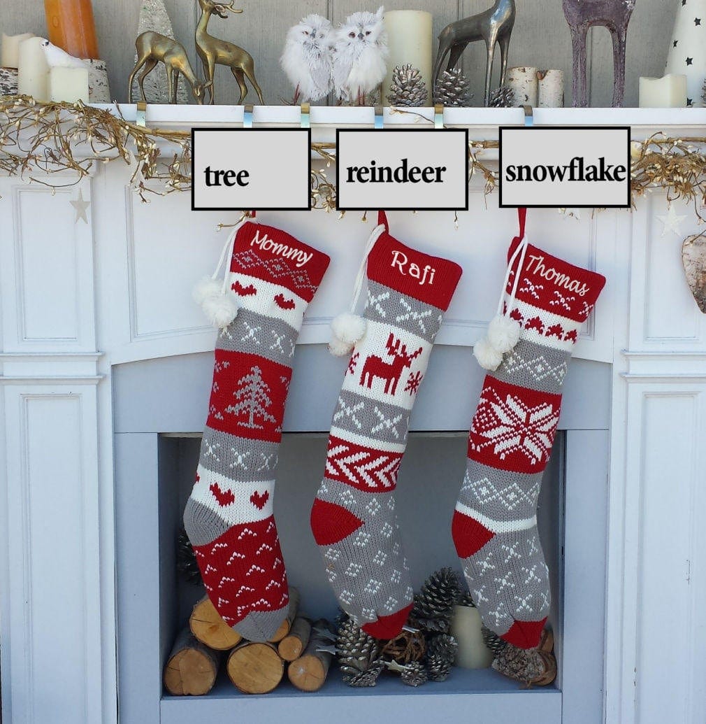 CHRISTMAS STOCKINGS Red Grey White Fair Isle Personalized Large 22"  Knitted Christmas Stockings Intarsia Knit Modern Christmas Stockings for Holidays Monogram
