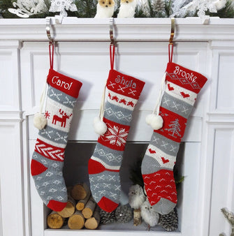 CHRISTMAS STOCKINGS Red Grey White Fair Isle Personalized Large 22"  Knitted Christmas Stockings Intarsia Knit Modern Christmas Stockings for Holidays Monogram