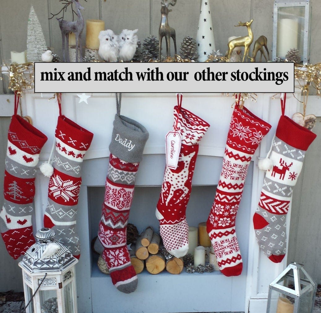 CHRISTMAS STOCKINGS Red Grey White Fair Isle Personalized Large 22"  Knitted Christmas Stockings Intarsia Knit Modern Christmas Stockings for Holidays Monogram