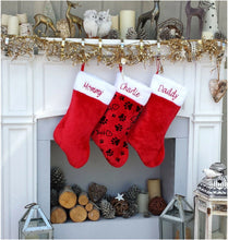 CHRISTMAS STOCKINGS Red white plush embroidered Christmas stocking - Personalized Embroidered Family Kids Dog Cat Pet Paw Stockings - traditional red and white Christmas Stockings
