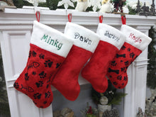 CHRISTMAS STOCKINGS Red white plush embroidered Christmas stocking - Personalized Embroidered Family Kids Dog Cat Pet Paw Stockings - traditional red and white Christmas Stockings