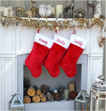 CHRISTMAS STOCKINGS Red white plush embroidered Christmas stocking - Personalized Embroidered Family Stockings - traditional red and white Christmas Stockings
