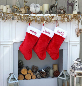 CHRISTMAS STOCKINGS Red white plush embroidered Christmas stocking - Personalized Embroidered Family Stockings - traditional red and white Christmas Stockings