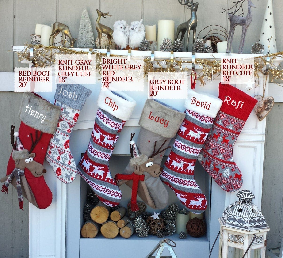 CHRISTMAS STOCKINGS Reindeer Fun & Reindeer Knit Christmas Stockings Red White Gray Scandinavian Nordic Knitted Holiday Theme Kids Adults Personalized Christmas