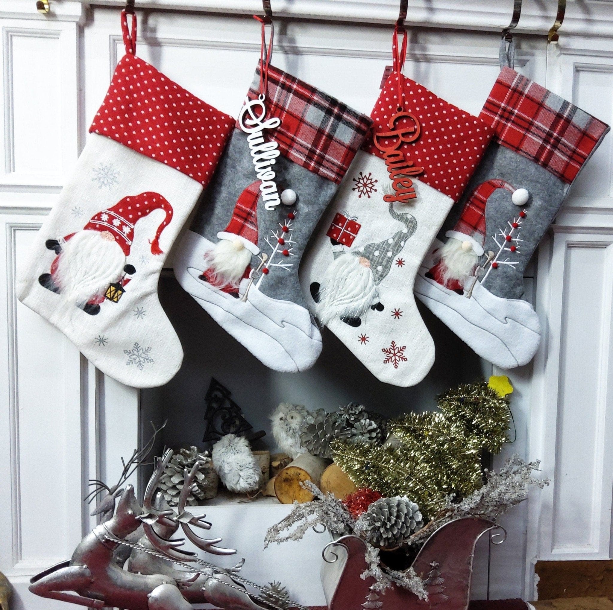 CHRISTMAS STOCKINGS Scandinavian Gnomes Personalized Christmas Stockings Christmas Plaid Red Grey for Kids and Family Xmas 2022