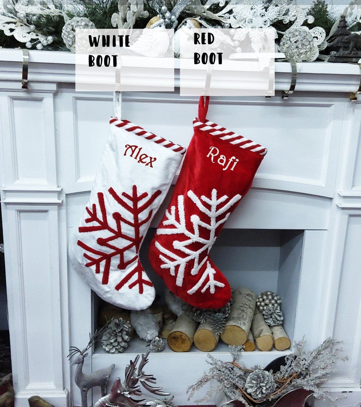CHRISTMAS STOCKINGS Scandinavian Large 23" Personalized Christmas Stocking Christmas Snowflake Modern Minimalist Red White Candy Cane Stripes