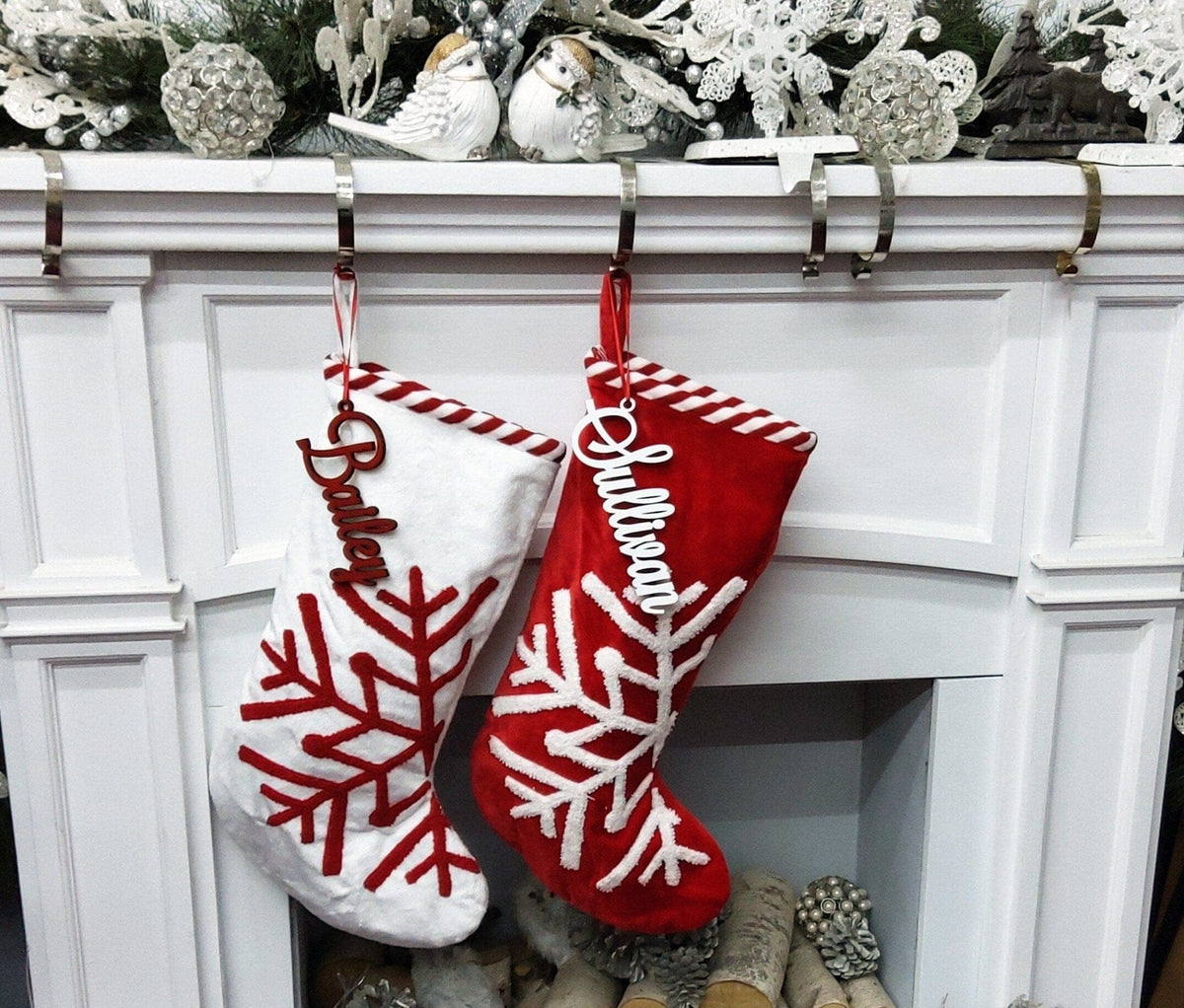 CHRISTMAS STOCKINGS Scandinavian Large 23" Personalized Christmas Stocking Christmas Snowflake Modern Minimalist Red White Candy Cane Stripes
