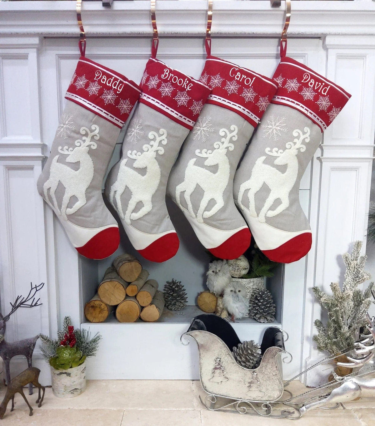 CHRISTMAS STOCKINGS Scandinavian Personalized Stocking Tufted Deer With Snowflakes Embroidered or with Cutout Wood Name Tag Christmas Stockings Family Xmas 2022