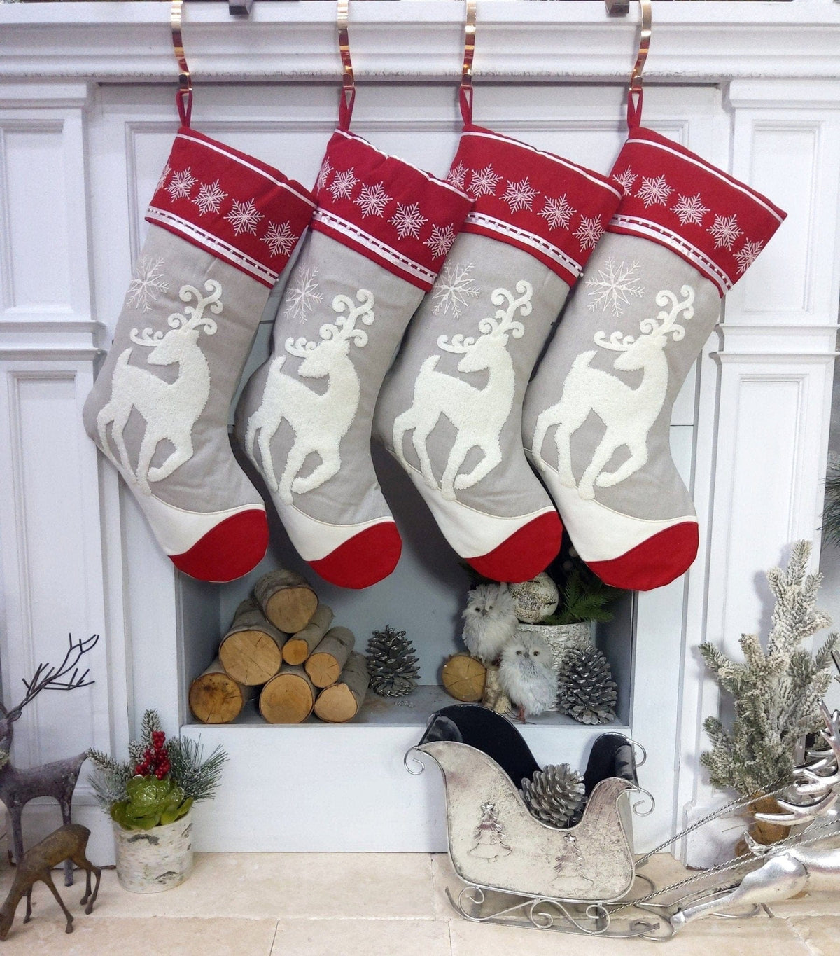 CHRISTMAS STOCKINGS Scandinavian Personalized Stocking Tufted Deer With Snowflakes Embroidered or with Cutout Wood Name Tag Christmas Stockings Family Xmas 2022