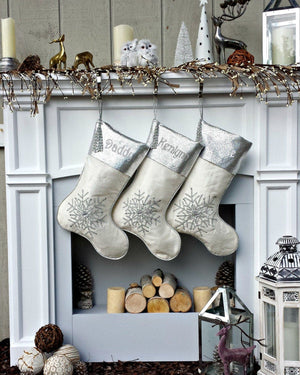 CHRISTMAS STOCKINGS Silver Off White Christmas Stockings -  20" with silver metallic snowflake and tassel beads Christmas stocking Embroidered Custom
