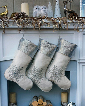 CHRISTMAS STOCKINGS Silver Off White Christmas Stockings -  20" with silver metallic snowflake and tassel beads Christmas stocking Embroidered Custom