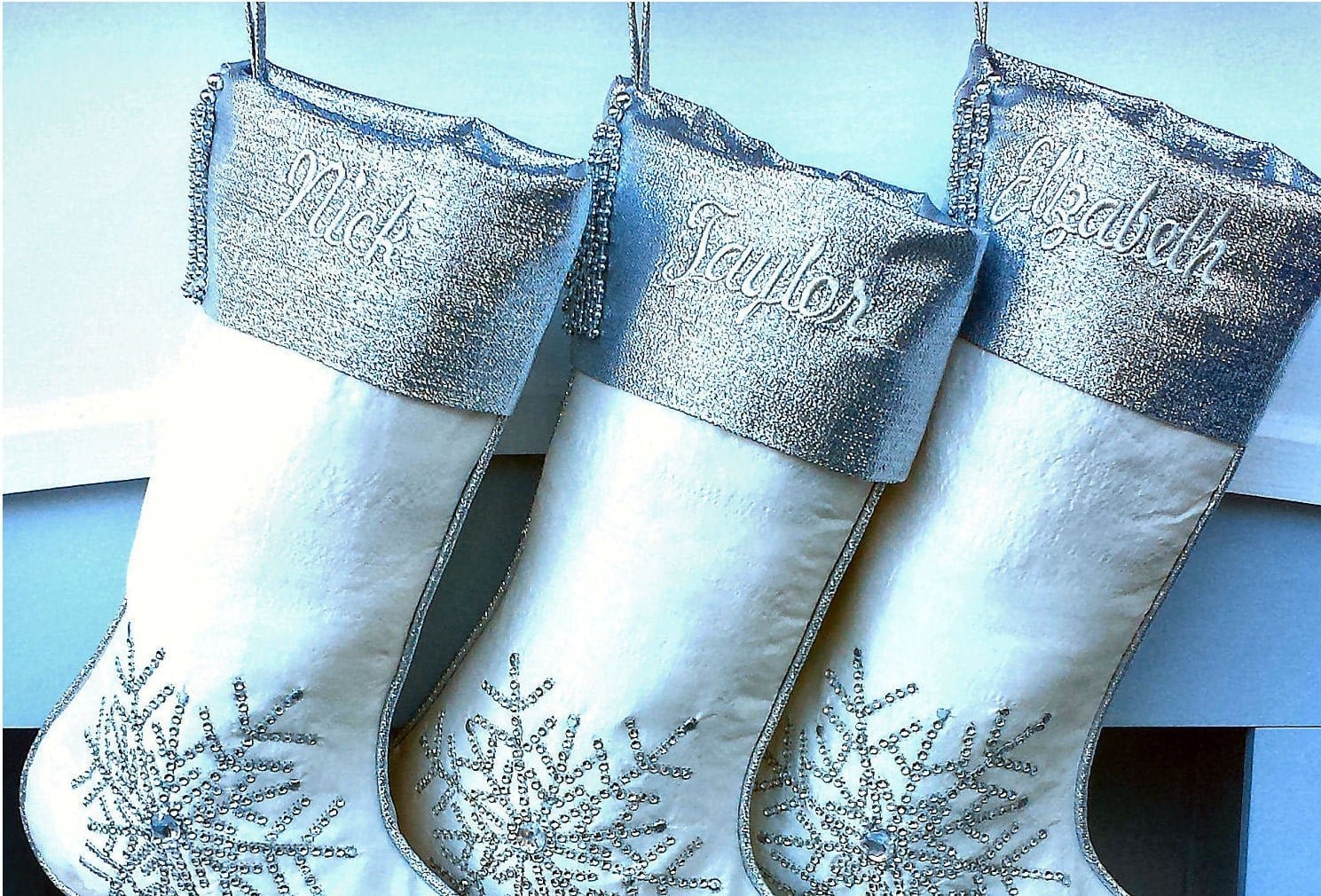 CHRISTMAS STOCKINGS Silver Off White Christmas Stockings -  20" with silver metallic snowflake and tassel beads Christmas stocking Embroidered Custom