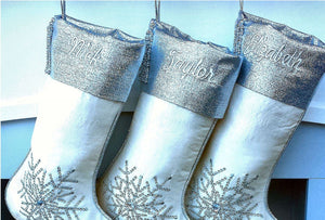CHRISTMAS STOCKINGS Silver Off White Christmas Stockings -  20" with silver metallic snowflake and tassel beads Christmas stocking Embroidered Custom