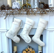 CHRISTMAS STOCKINGS Silver Off White Christmas Stockings -  20" with silver metallic snowflake and tassel beads Christmas stocking Embroidered Custom
