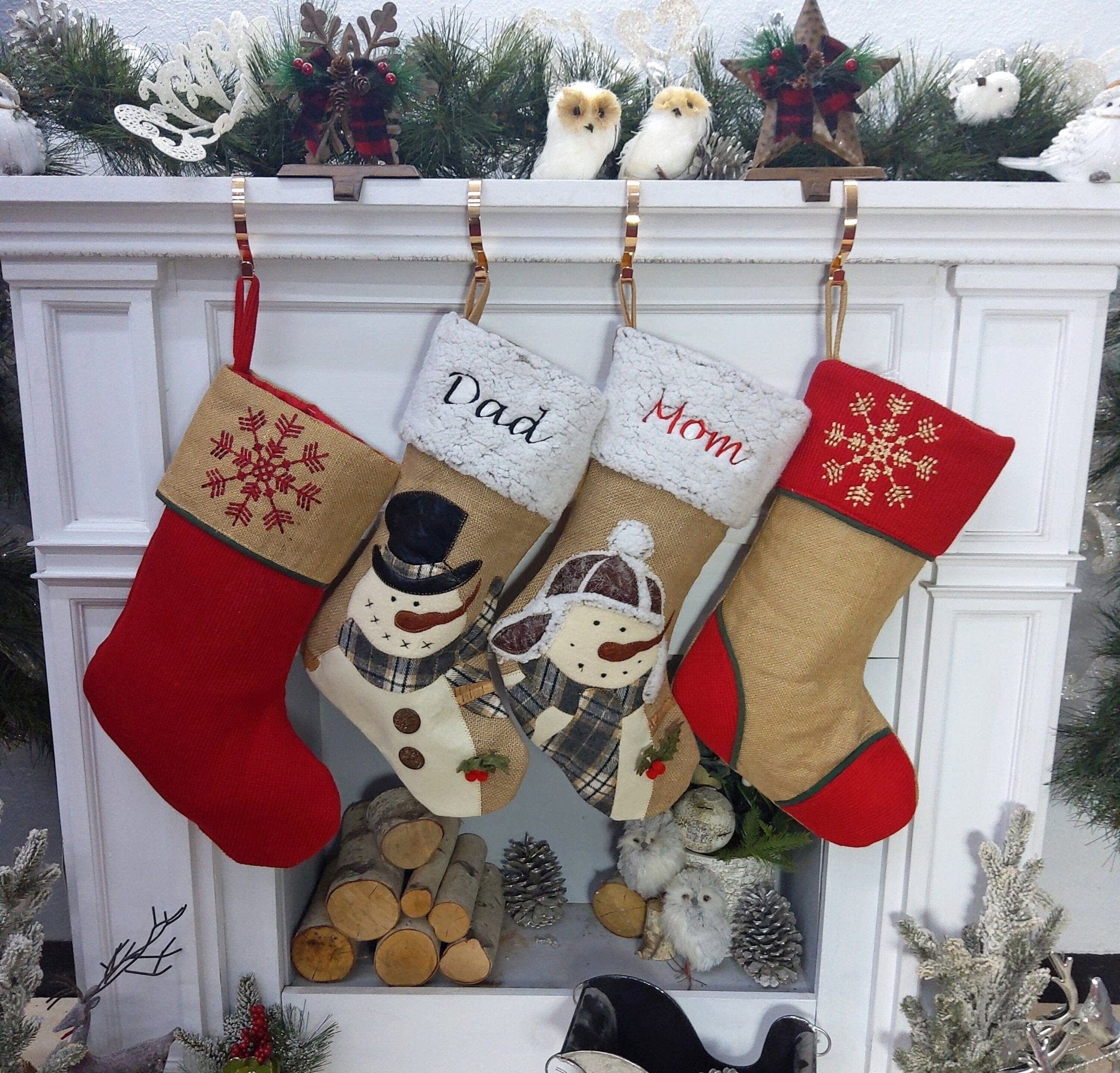CHRISTMAS STOCKINGS Snowman Burlap and Cozy Knit Stockings Personalized Embroidered or with Cutout Wood Name Tag Christmas Stockings Family Xmas 2022
