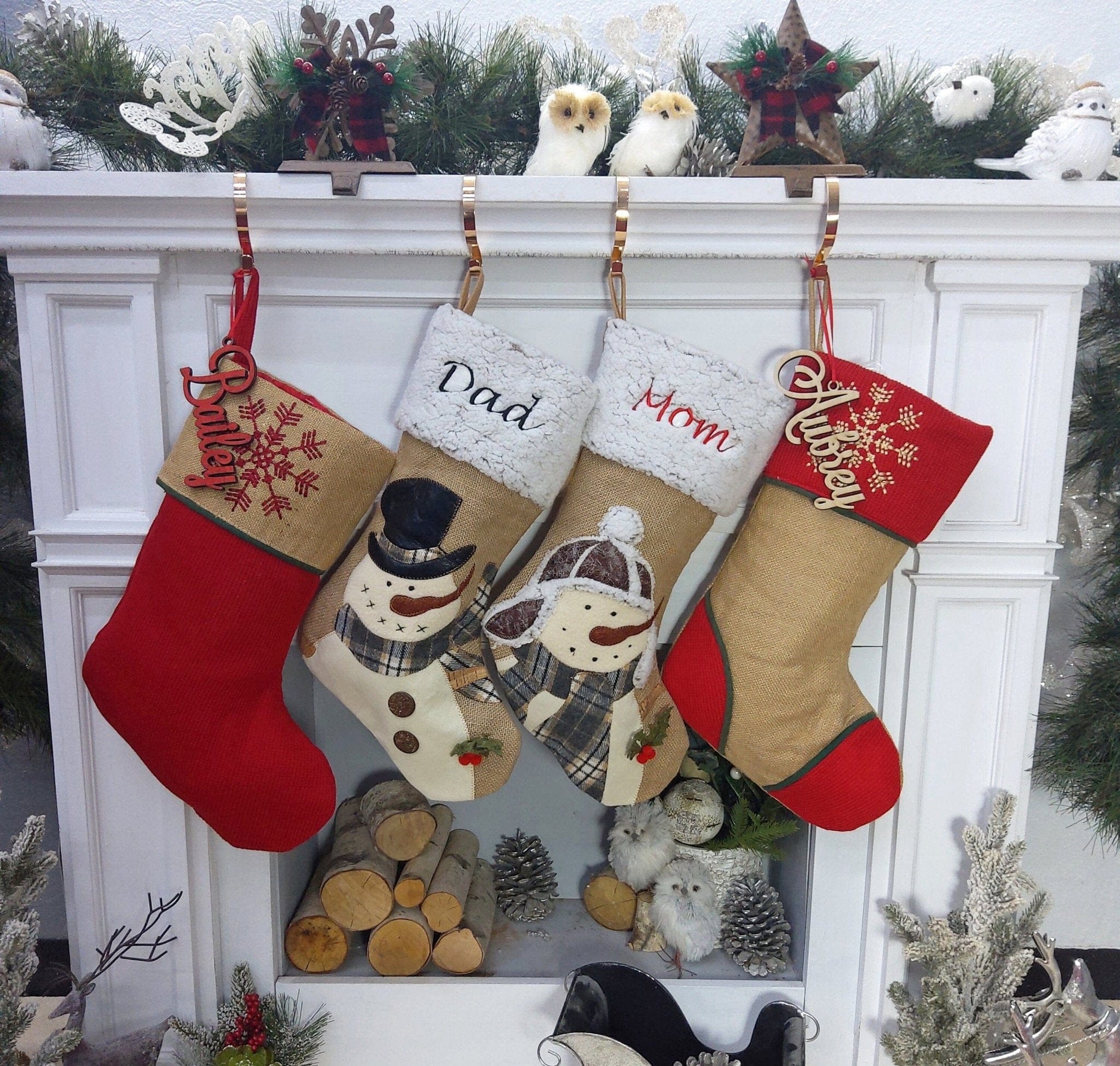 CHRISTMAS STOCKINGS Snowman Burlap and Cozy Knit Stockings Personalized Embroidered or with Cutout Wood Name Tag Christmas Stockings Family Xmas 2022