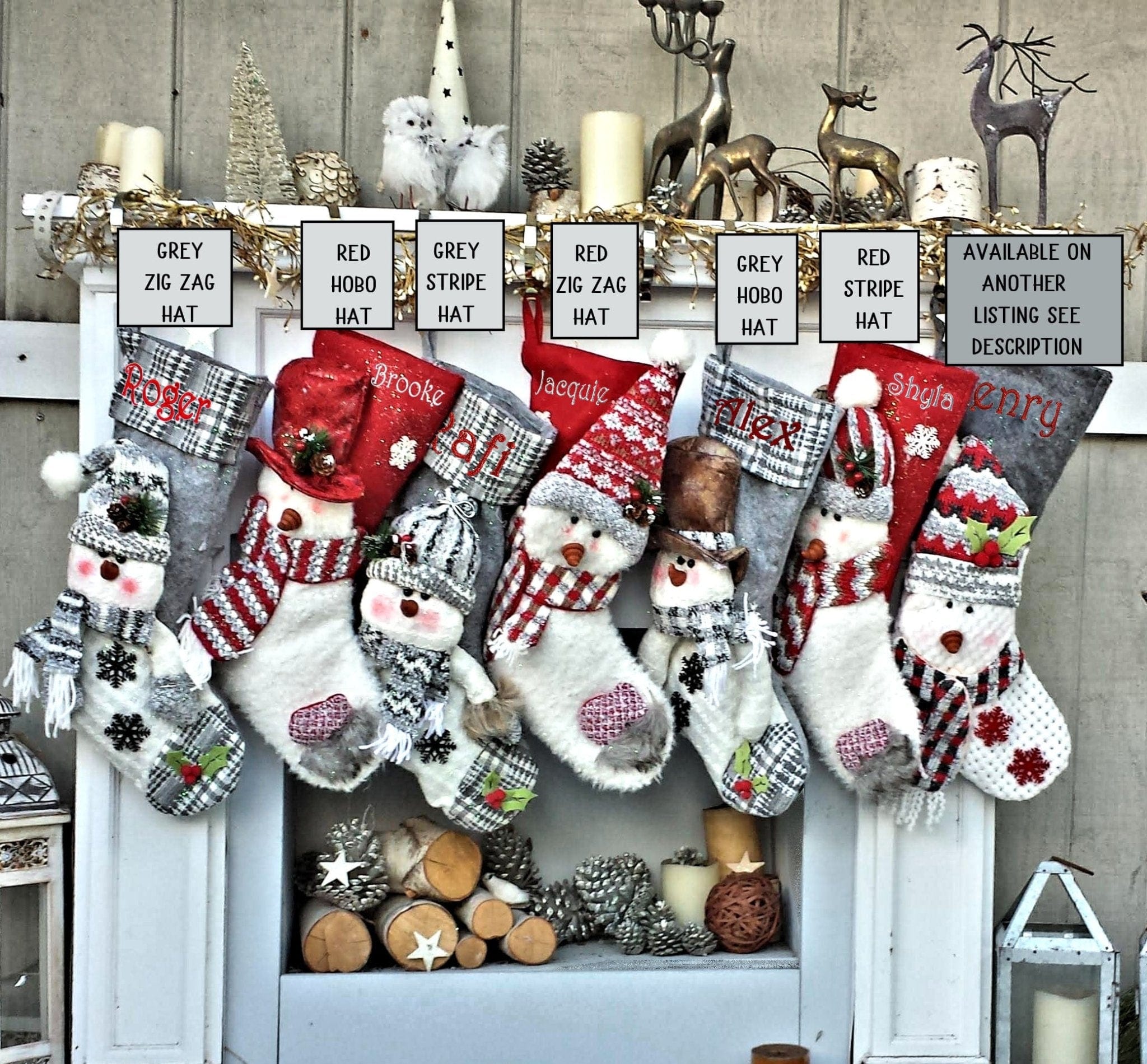 CHRISTMAS STOCKINGS Snowman Personalized Xmas Stockings Grey Plaid or Dark Reds Winter Knits Christmas Stockings for Kids Snowmen Holiday Stockings