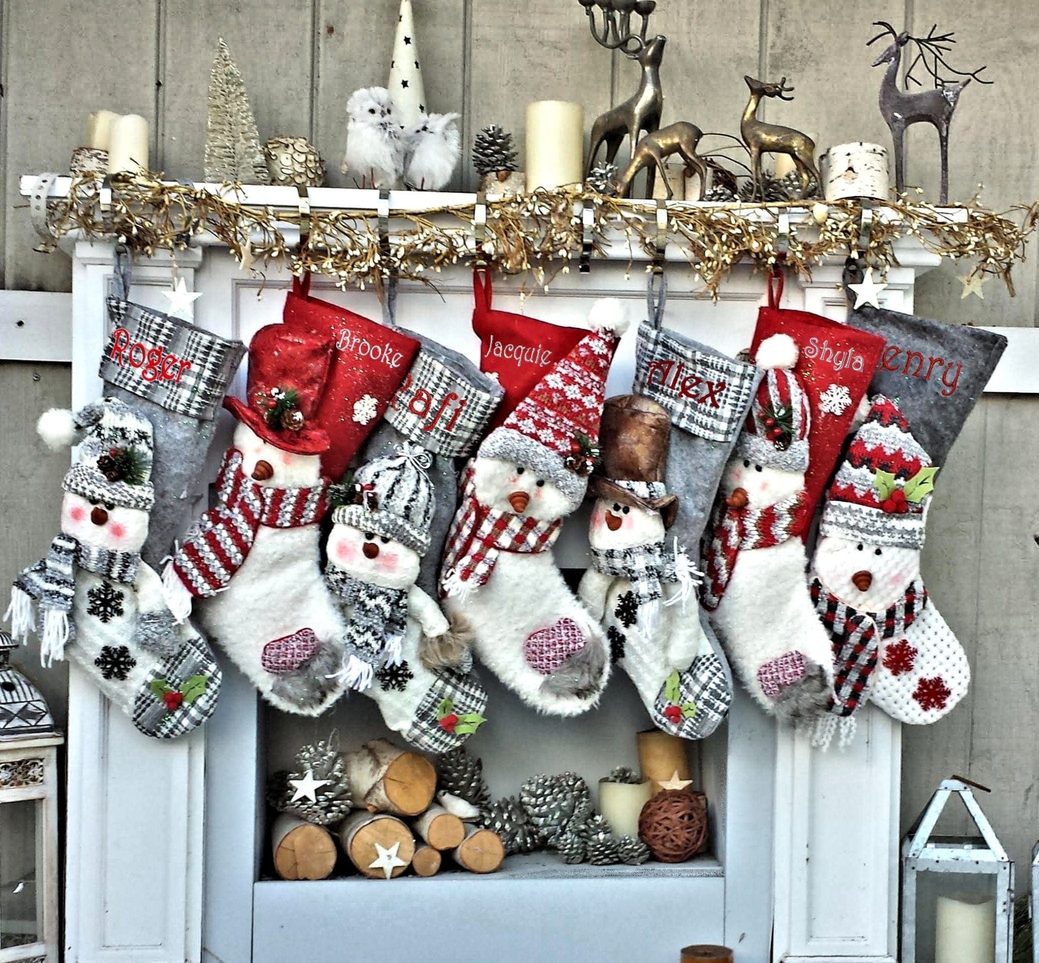 CHRISTMAS STOCKINGS Snowman Personalized Xmas Stockings Grey Plaid or Dark Reds Winter Knits Christmas Stockings for Kids Snowmen Holiday Stockings