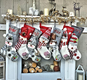 CHRISTMAS STOCKINGS Snowman Personalized Xmas Stockings Grey Plaid or Dark Reds Winter Knits Christmas Stockings for Kids Snowmen Holiday Stockings