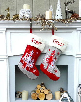 CHRISTMAS STOCKINGS Whimsical Nordic Wool / Felt Stocking with Scandinavian Forest Trees Personalized Monogram or Name Red Grey White Christmas Stockings