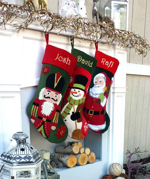 CHRISTMAS STOCKINGS Whimsical Nutcracker or Cute Snowman Tufted Velvet Children's Christmas Stockings Embroidered and Personalized with Names Family Heirloom