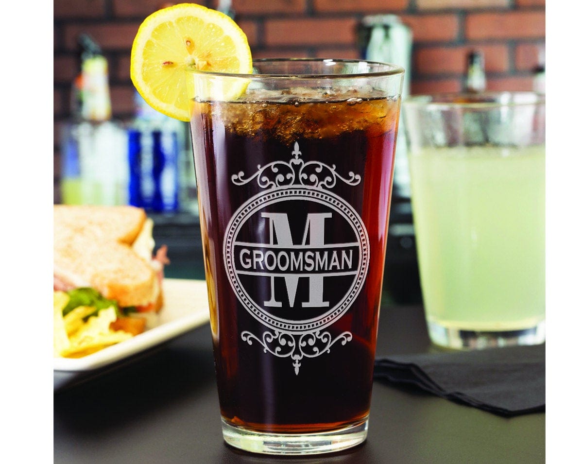 WEDDINGS Classy Birthday Monogram Wedding Party 16oz Engraved Beer Glass Personalized Groomsmen Beer Mug Monogrammed Groom Wedding Men Favor Gift