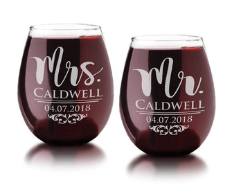 COUPLES GIFTS Classy Husband Wife Mr Mrs Anniversary Stemless Wine Glasses Set of 2 Custom Birthday Etched Couples Gift Wine Lover Personalized Wedding