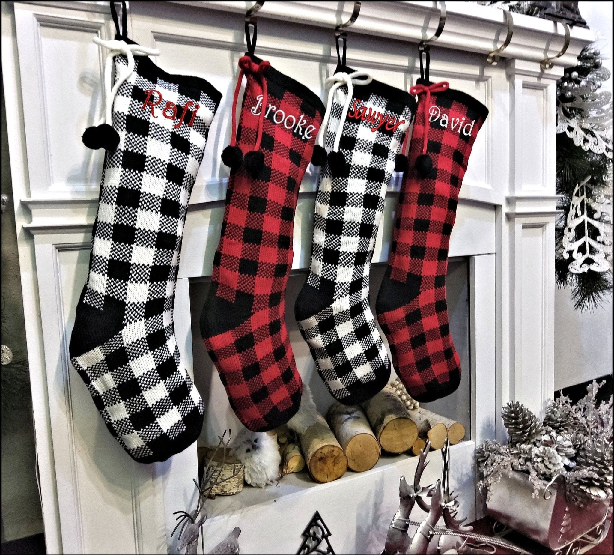 Classy Knit Buffalo Check Plaid Red Black White Farmhouse Adult Personalized Christmas Stockings Family Xmas 2022 Knit Decor