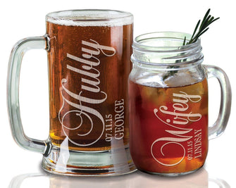 COUPLES GIFTS Anniversary Gifts 16 Oz Hubby Wifey Beer Mugs Mason Jars Wedding Personalized Gift Idea for Him Her Couple Parents Men Women 25th 50th 30th