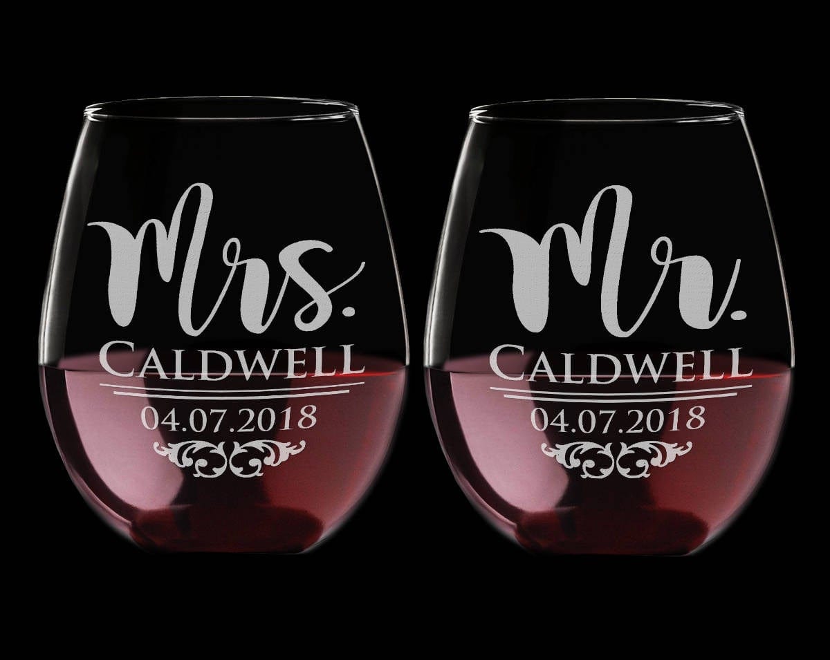 COUPLES GIFTS Classy Husband Wife Mr Mrs Anniversary Stemless Wine Glasses Set of 2 Custom Birthday Etched Couples Gift Wine Lover Personalized Wedding