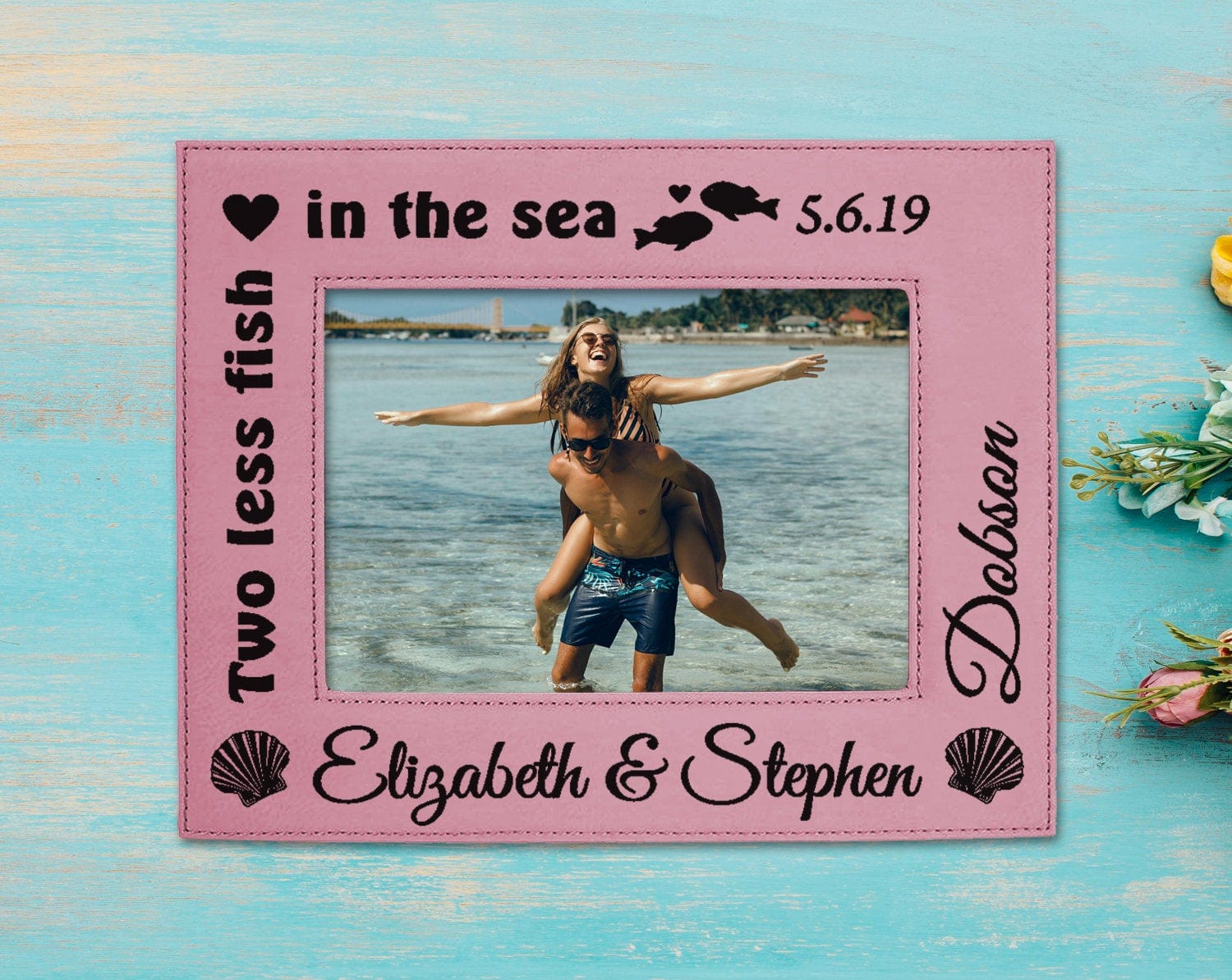 COUPLES GIFTS Couples Bride Groom Engraved Wedding Picture Frame Personalized Two Less Fish Beach Ceremony Bridal Shower Housewarming Decor Wife Husband
