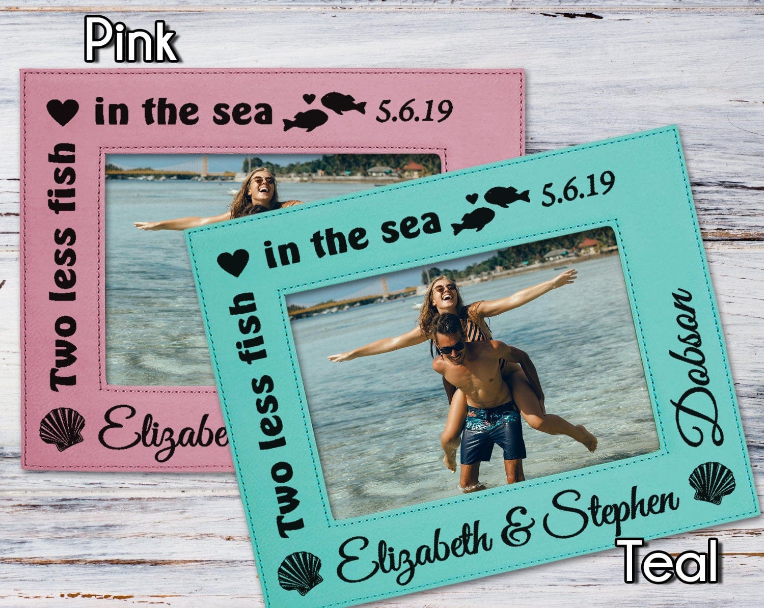 COUPLES GIFTS Couples Bride Groom Engraved Wedding Picture Frame Personalized Two Less Fish Beach Ceremony Bridal Shower Housewarming Decor Wife Husband