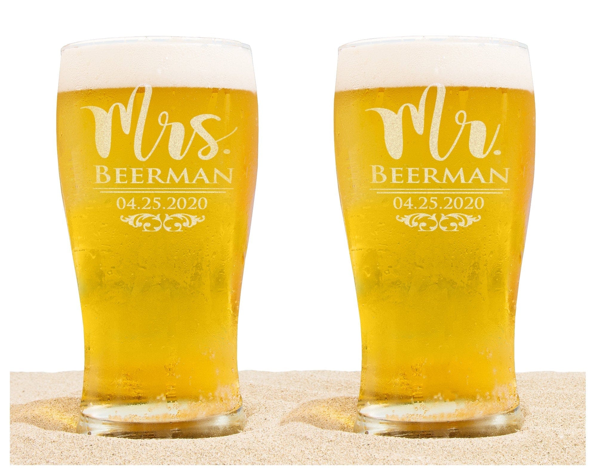 COUPLES GIFTS Custom Etched Mr Mrs Beer Glasses Set of 2 Pub 50th Wedding Anniversary Dad Mom Bride Groom Soon to Be Newly Engaged Rustic Couples Gift