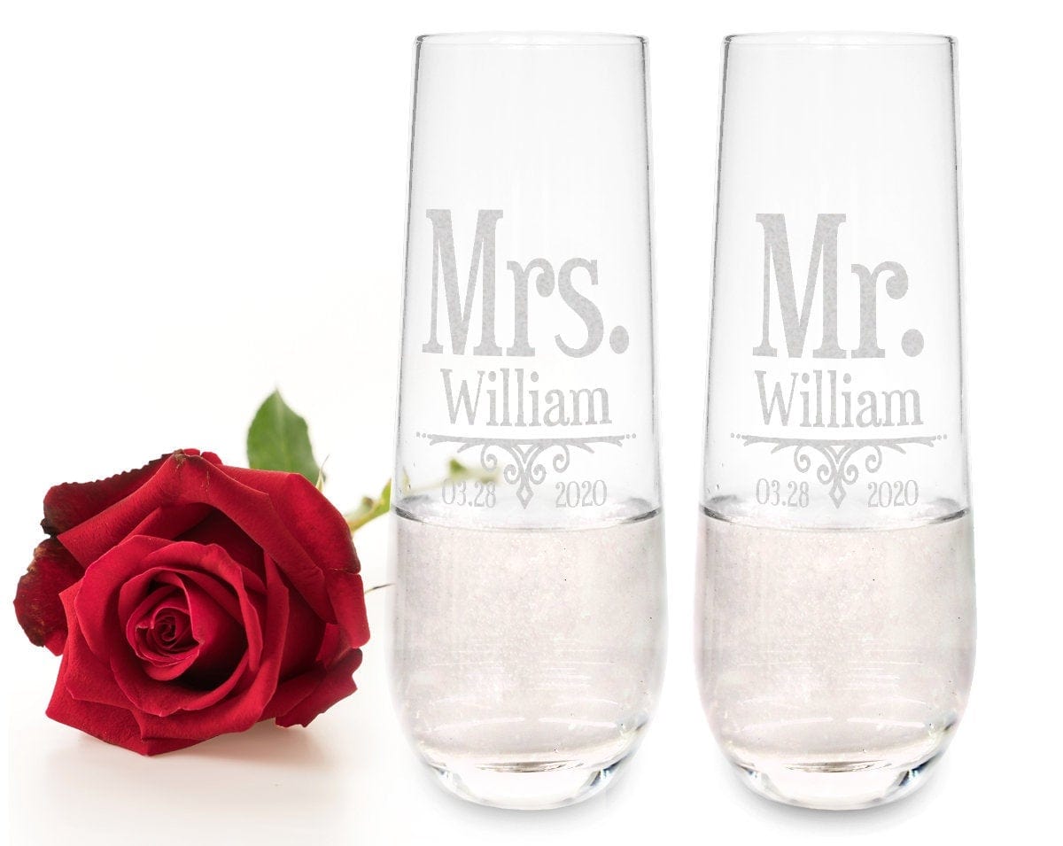 COUPLES GIFTS Future Mr. Mrs. Wine Flutes Set of 2 Stemless Vows Engagement Proposal Mom Dad Grandma Anniversary Newly Married Couples Gifts Bridal Decor