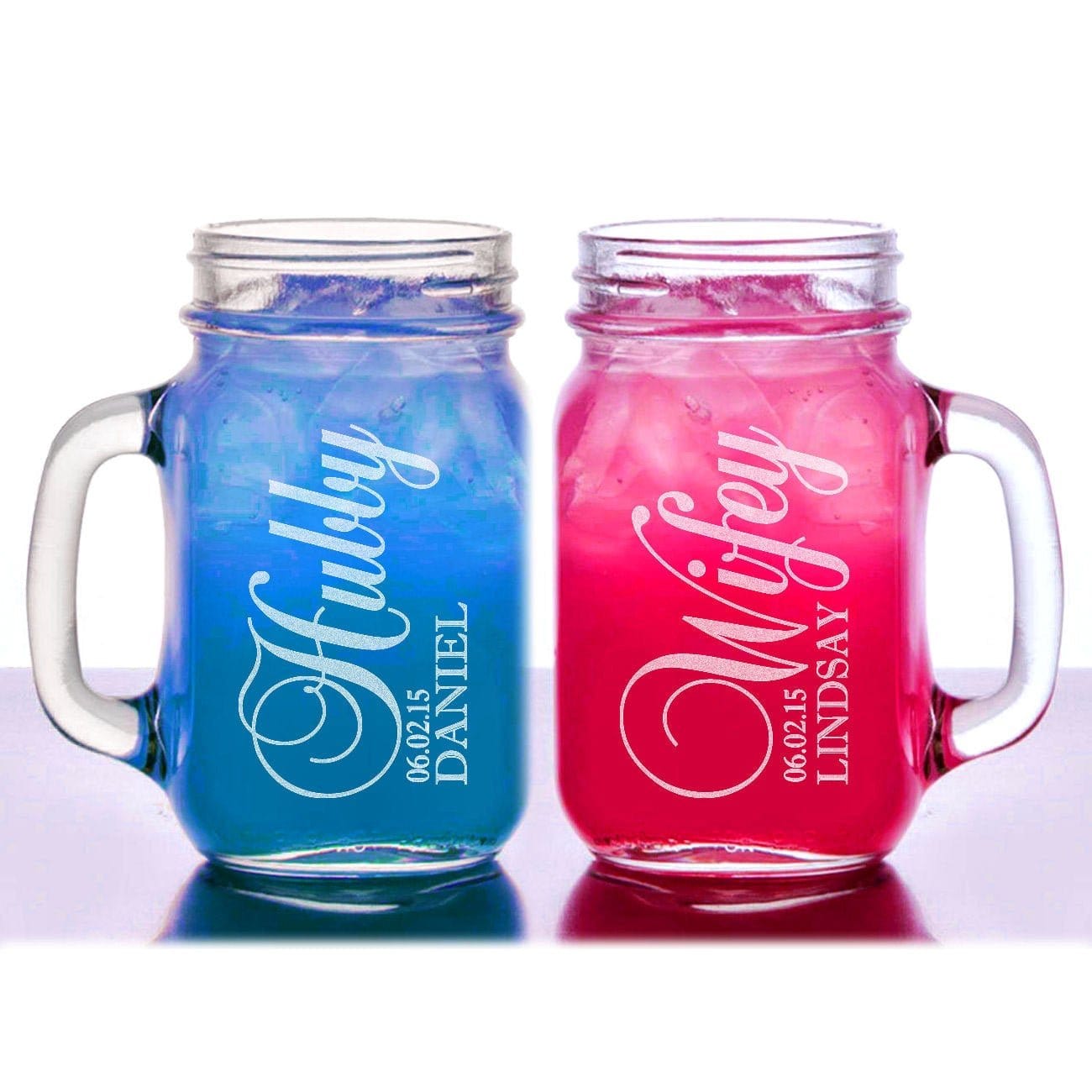 COUPLES GIFTS Hubby Wifey Personalized Mason Mug Set of 2 Engraved Anniversary His Hers Couples Wedding Gift Wife Idea Newlyweds Jar Handle Mugs Glasses