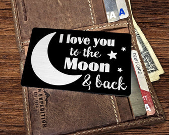 COUPLES GIFTS I Love You Personal Black Wallet Card for Men Husband Women Laser Engraved Metal Wallet Insert Message Card Groom Gift for Anniversary