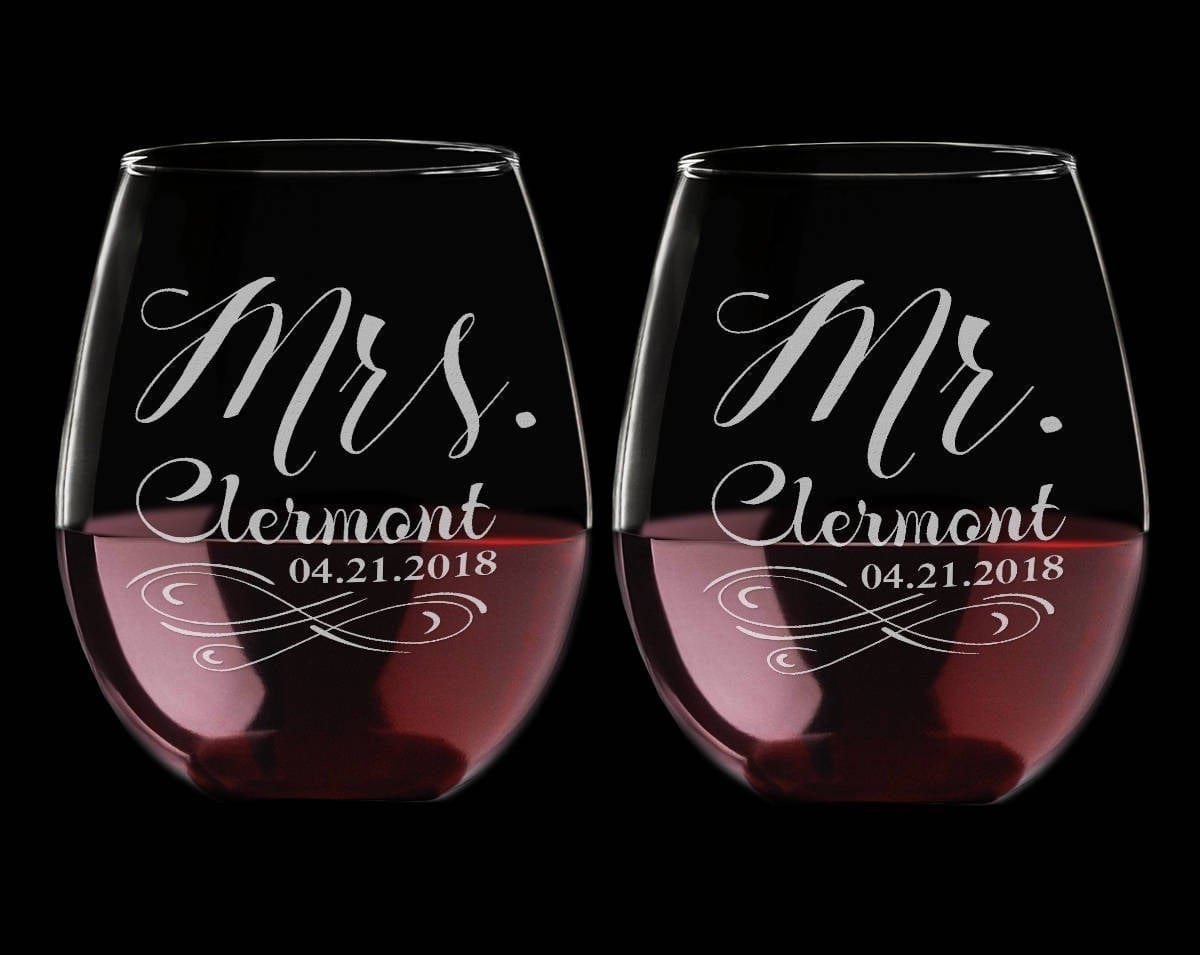 COUPLES GIFTS Infinity Mr Mrs Custom Stemless Glass Couples Soon to Be Husband Wife Wedding Gift Favor Newly Married Bride Groom Set of 2 Wine Glasses