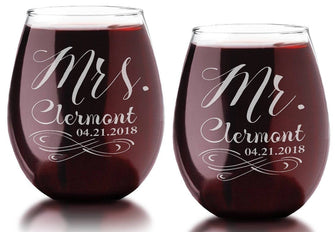 COUPLES GIFTS Infinity Mr Mrs Custom Stemless Glass Couples Soon to Be Husband Wife Wedding Gift Favor Newly Married Bride Groom Set of 2 Wine Glasses
